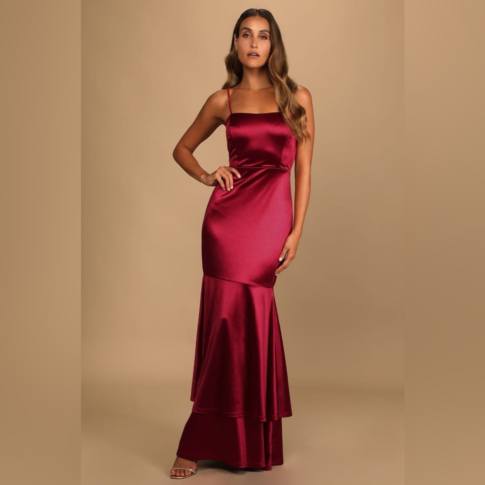 Lulus Contemporary Romance Red Satin Tiered Mermaid Maxi Dress